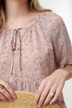 womens tan floral tie neck raglan sleeve top